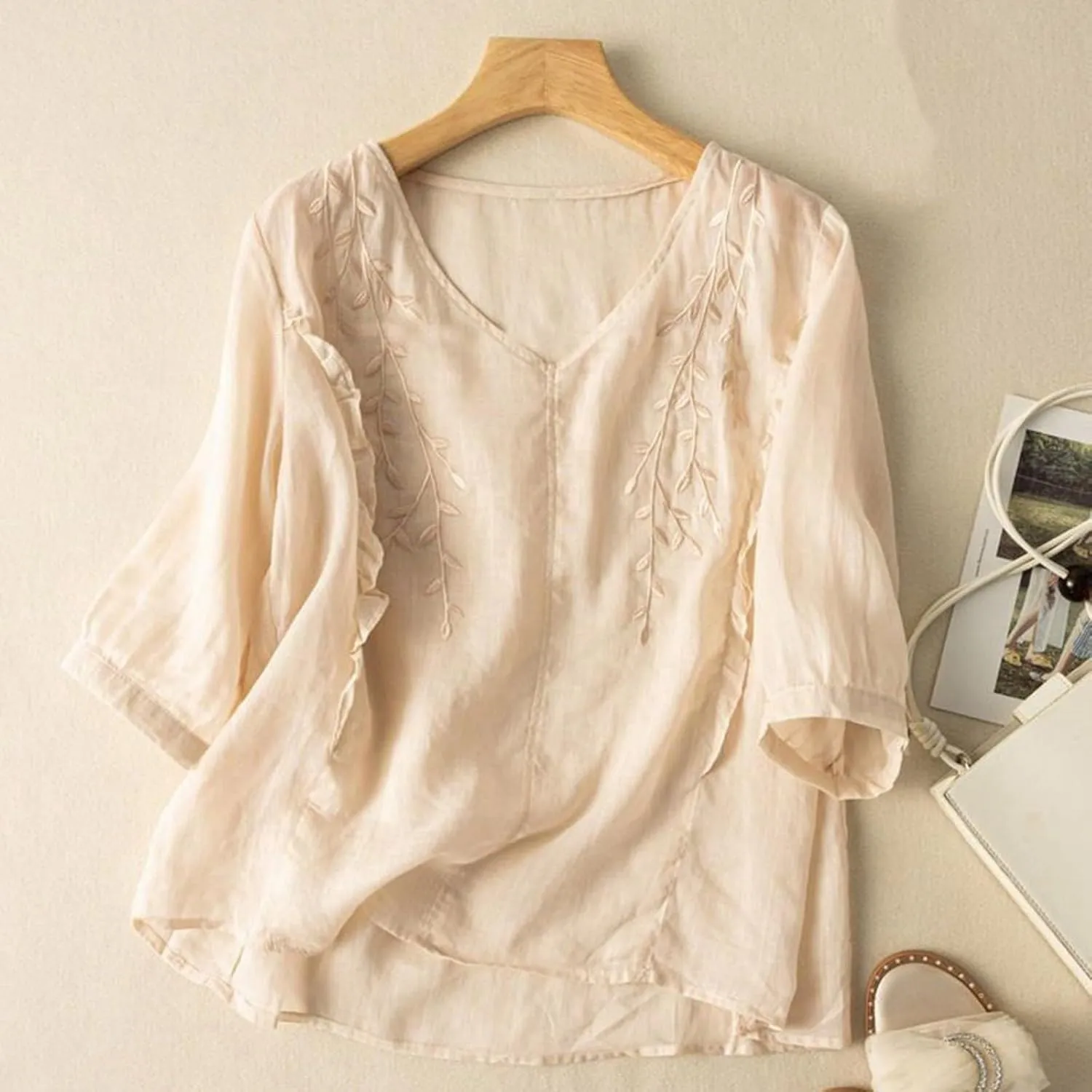 3/4 Sleeve Linen Shirts for Women 2025 Cotton Summer Retro Embroidered Boho Tops Dressy Casual Trendy Vacation Blouse