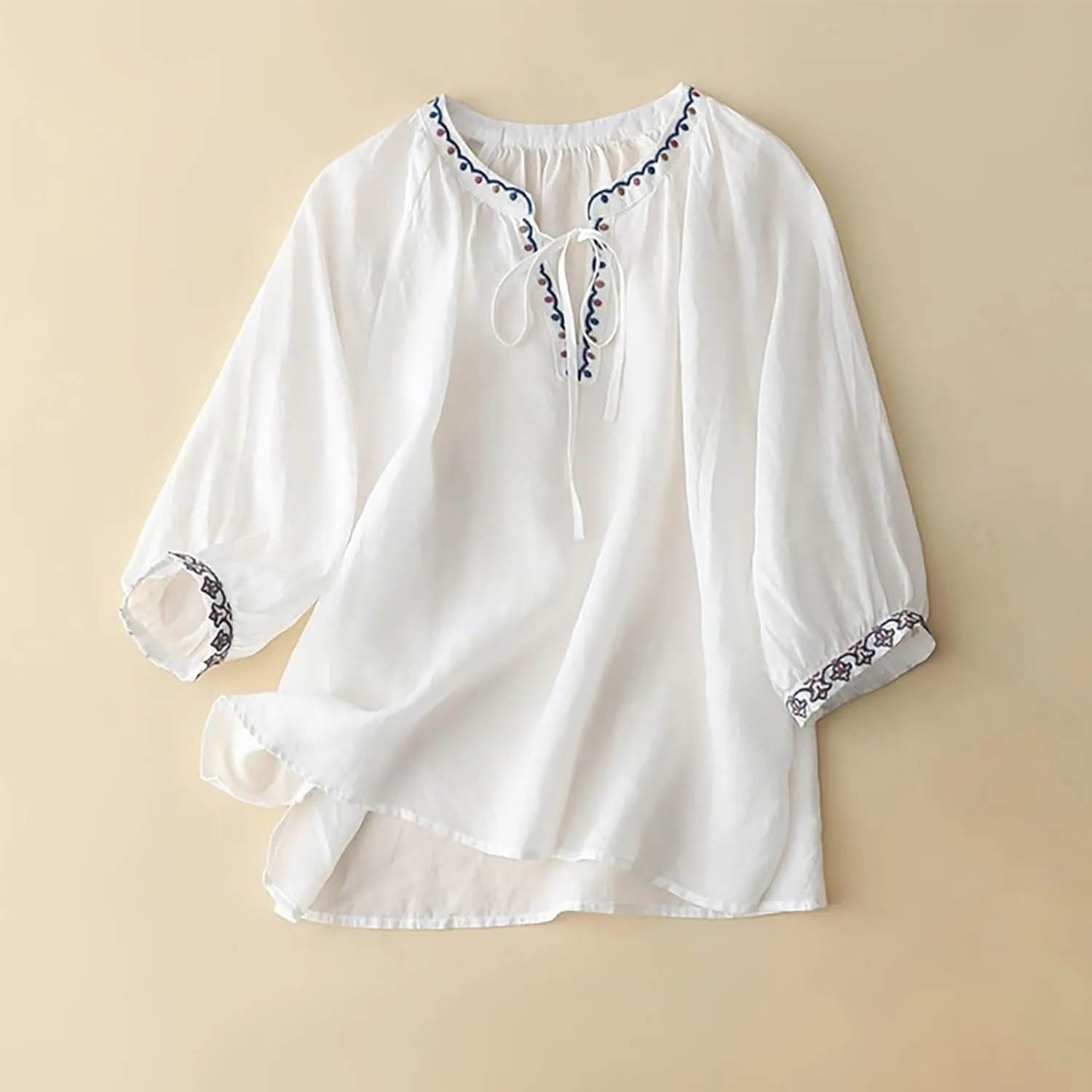 3/4 Sleeve Linen Shirts for Women 2025 Cotton Summer Retro Embroidered Boho Tops Dressy Casual Trendy Vacation Blouse