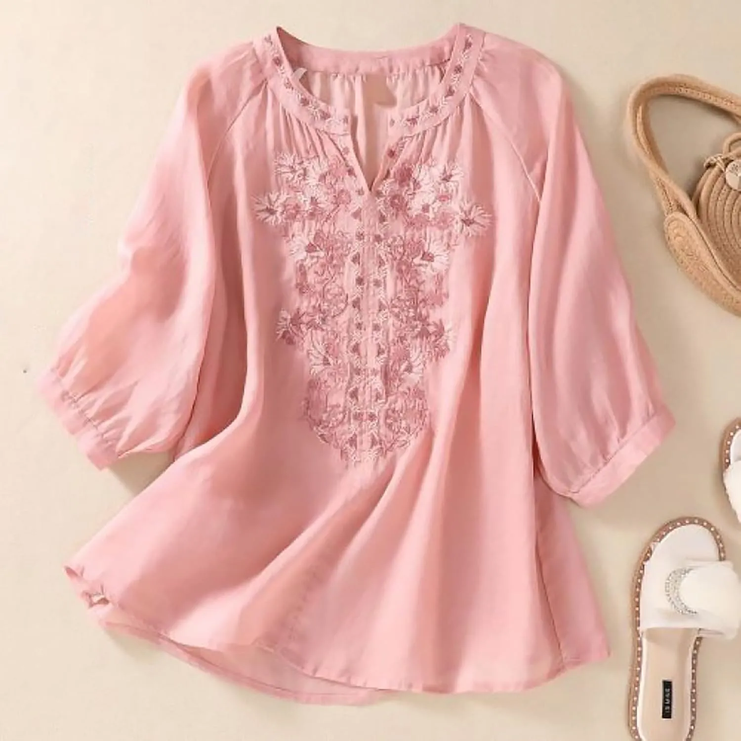 3/4 Sleeve Linen Shirts for Women 2025 Cotton Summer Retro Embroidered Boho Tops Dressy Casual Trendy Vacation Blouse