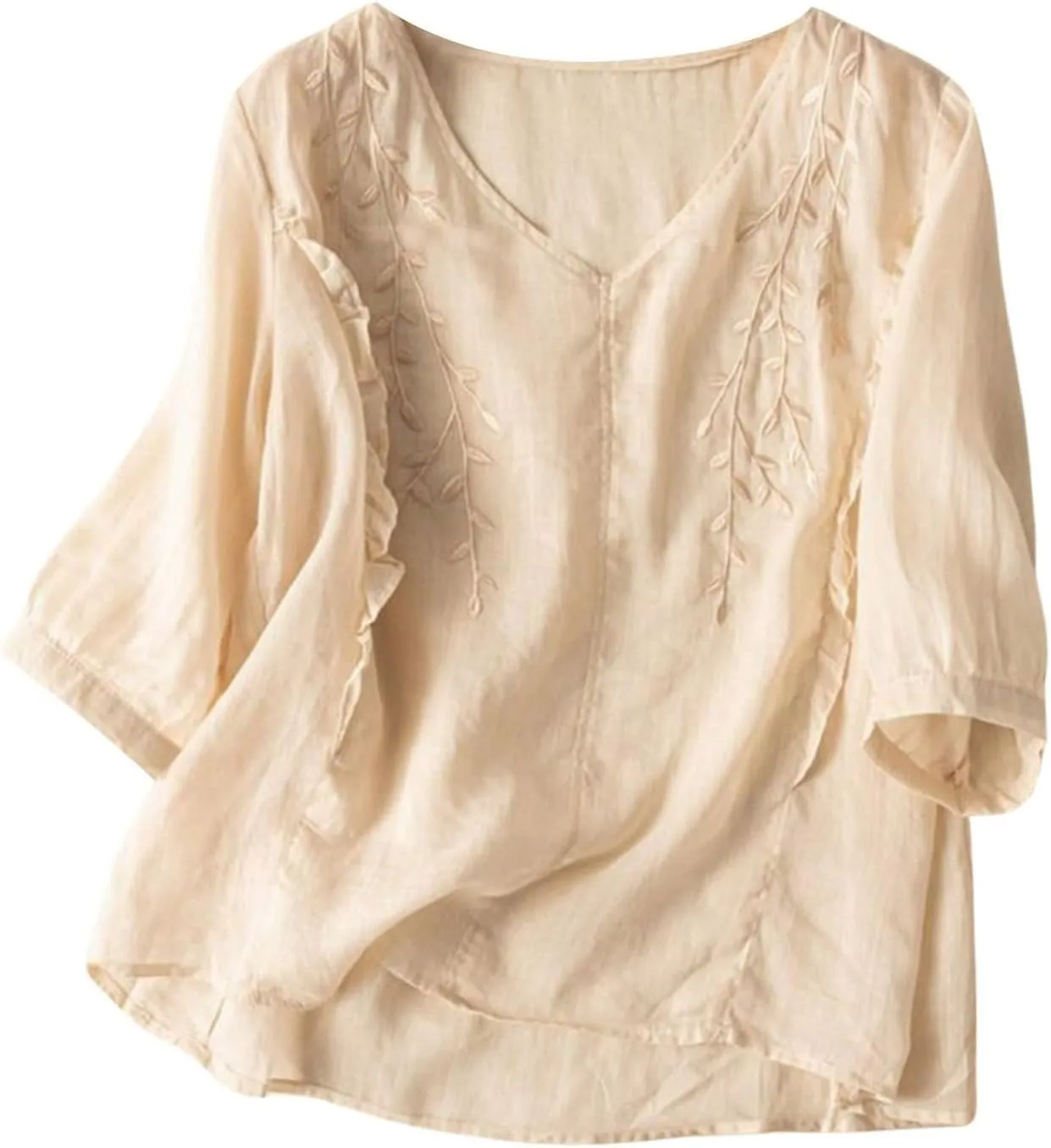 3/4 Sleeve Linen Shirts for Women 2025 Cotton Summer Retro Embroidered Boho Tops Dressy Casual Trendy Vacation Blouse