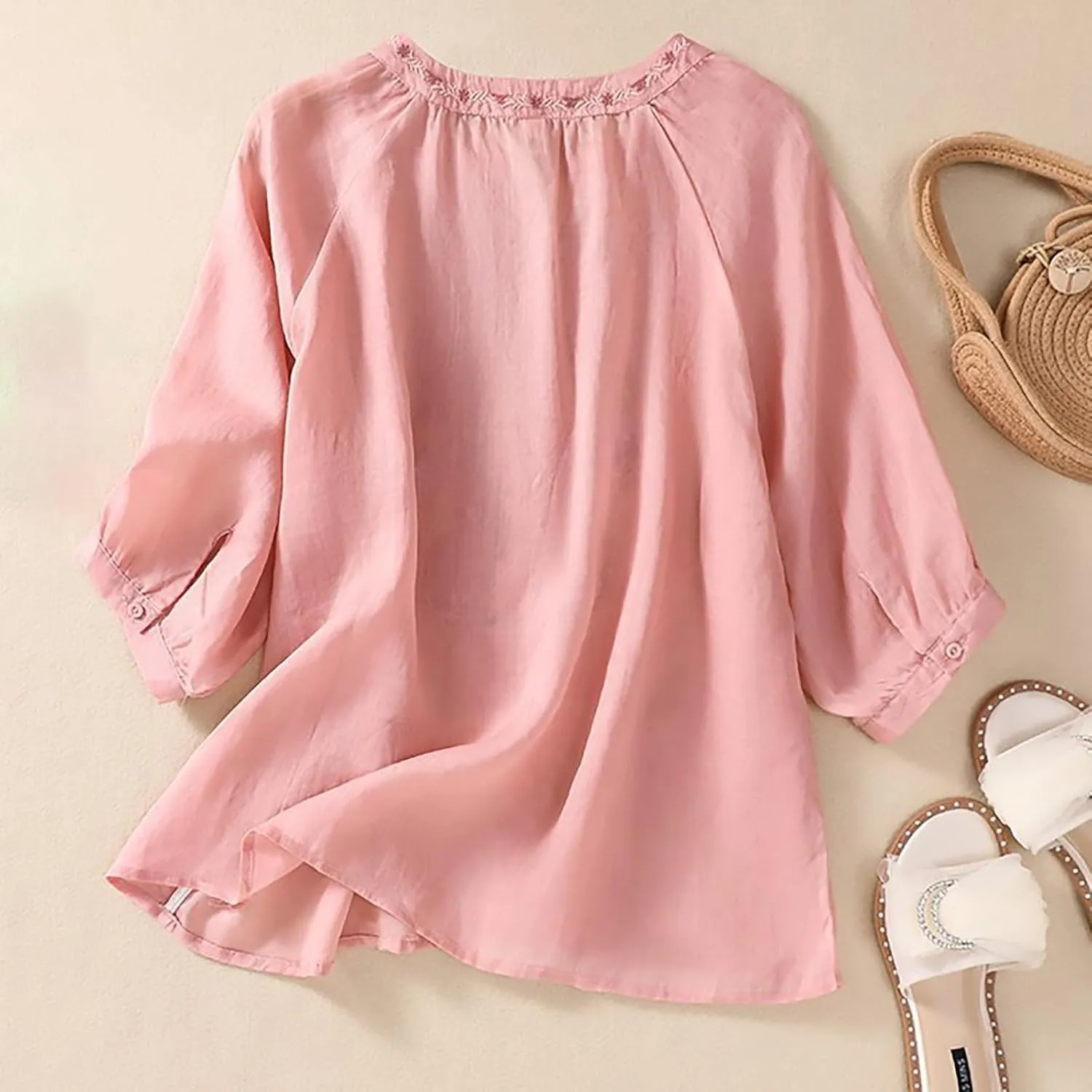 3/4 Sleeve Linen Shirts for Women 2025 Cotton Summer Retro Embroidered Boho Tops Dressy Casual Trendy Vacation Blouse