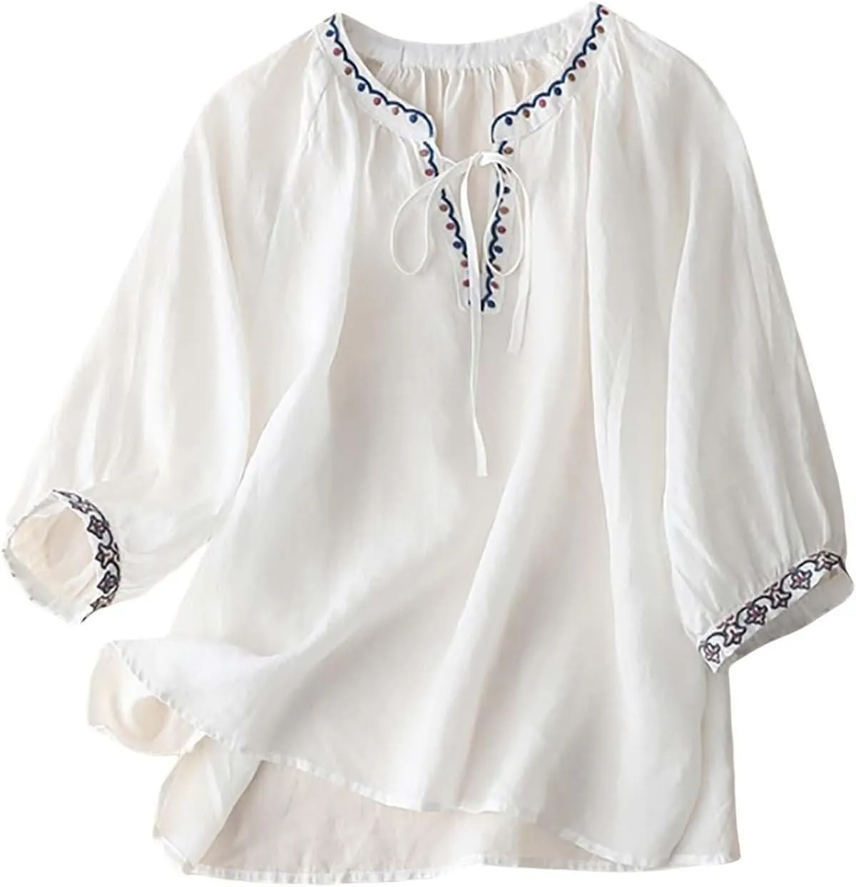 3/4 Sleeve Linen Shirts for Women 2025 Cotton Summer Retro Embroidered Boho Tops Dressy Casual Trendy Vacation Blouse