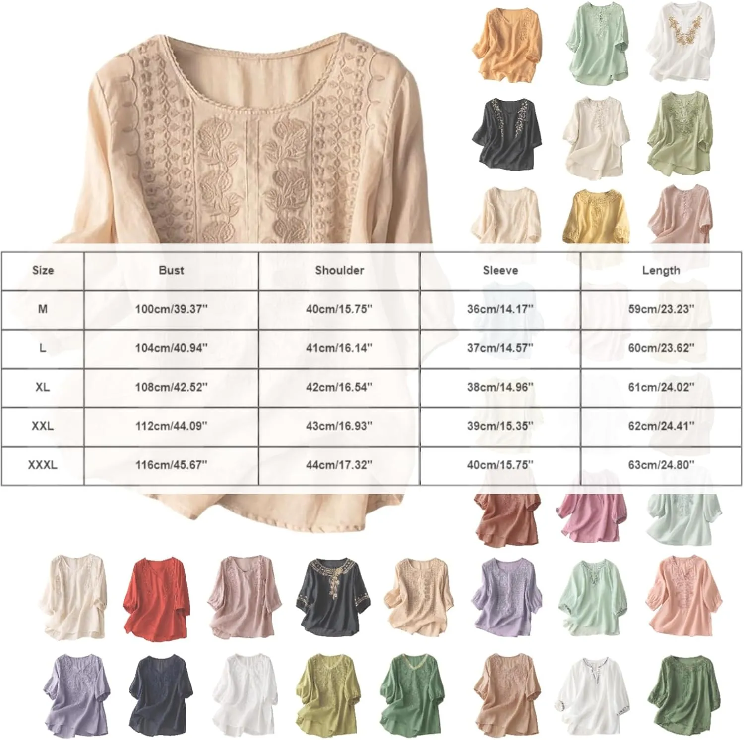 3/4 Sleeve Linen Shirts for Women 2025 Cotton Summer Retro Embroidered Boho Tops Dressy Casual Trendy Vacation Blouse