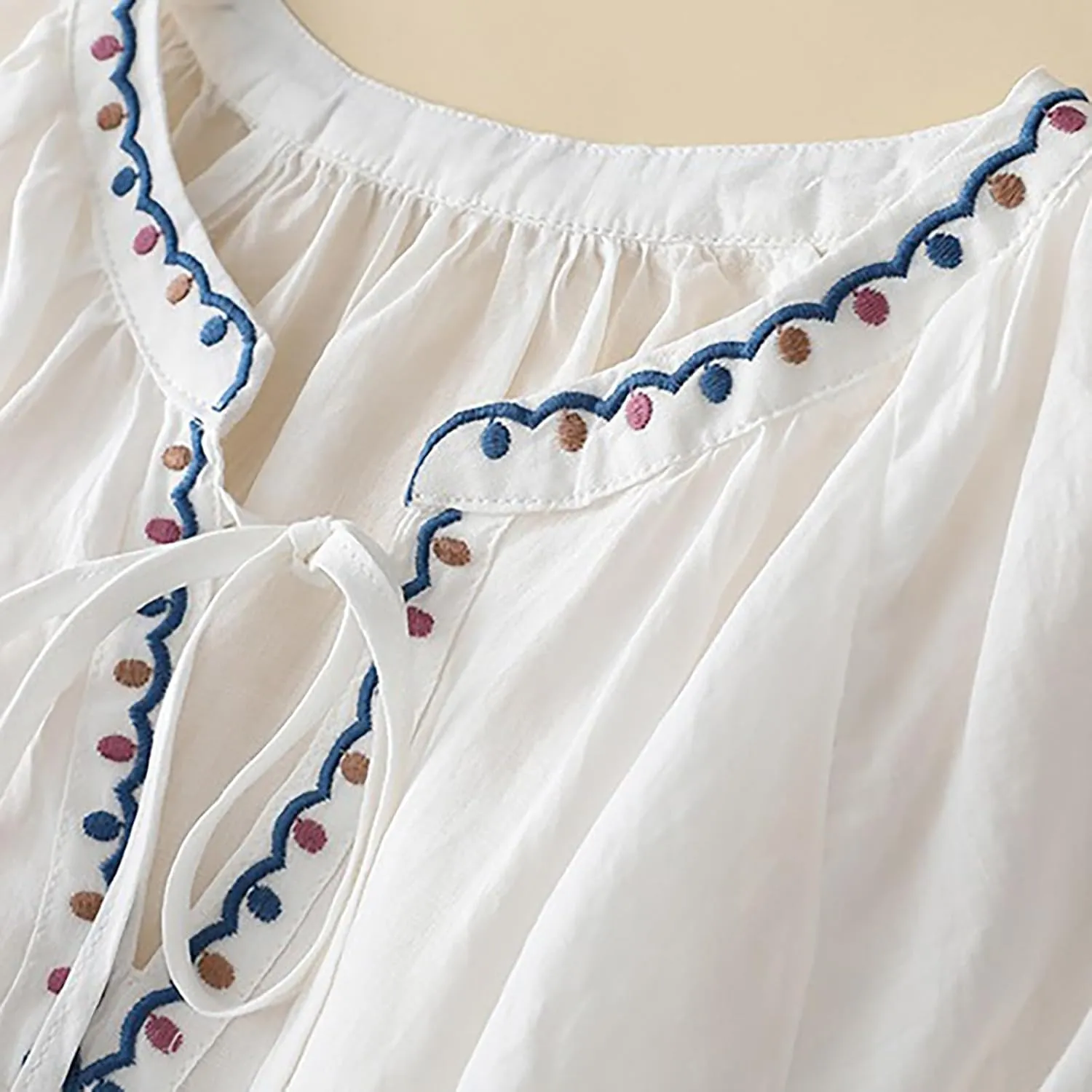 3/4 Sleeve Linen Shirts for Women 2025 Cotton Summer Retro Embroidered Boho Tops Dressy Casual Trendy Vacation Blouse