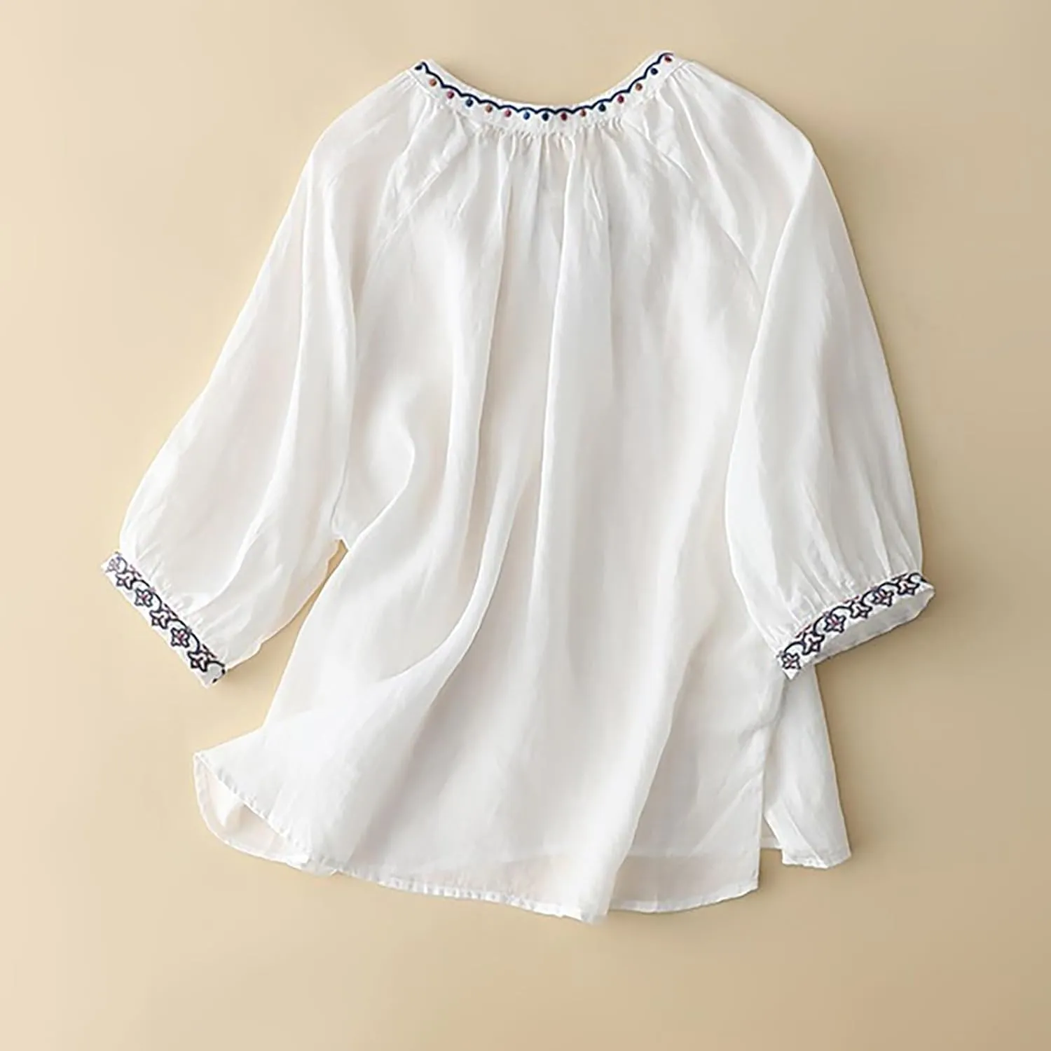 3/4 Sleeve Linen Shirts for Women 2025 Cotton Summer Retro Embroidered Boho Tops Dressy Casual Trendy Vacation Blouse