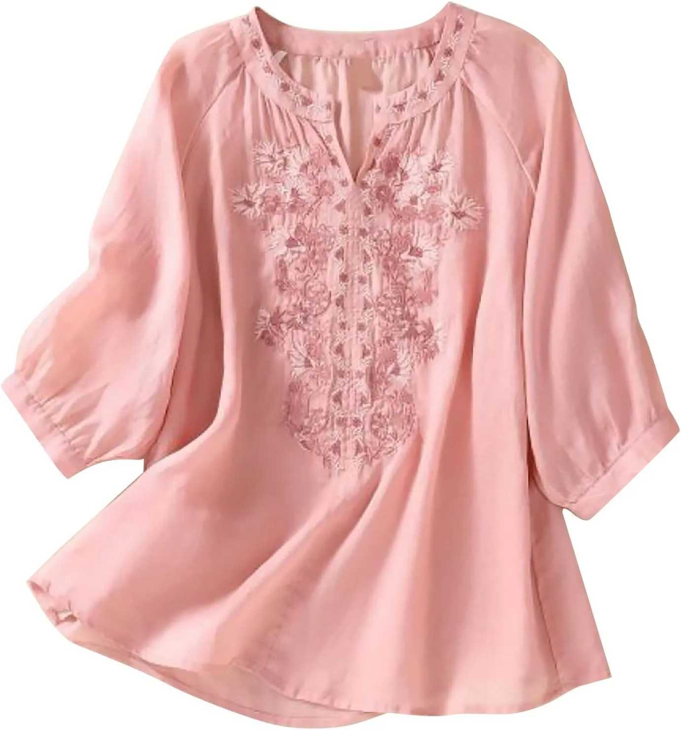 3/4 Sleeve Linen Shirts for Women 2025 Cotton Summer Retro Embroidered Boho Tops Dressy Casual Trendy Vacation Blouse
