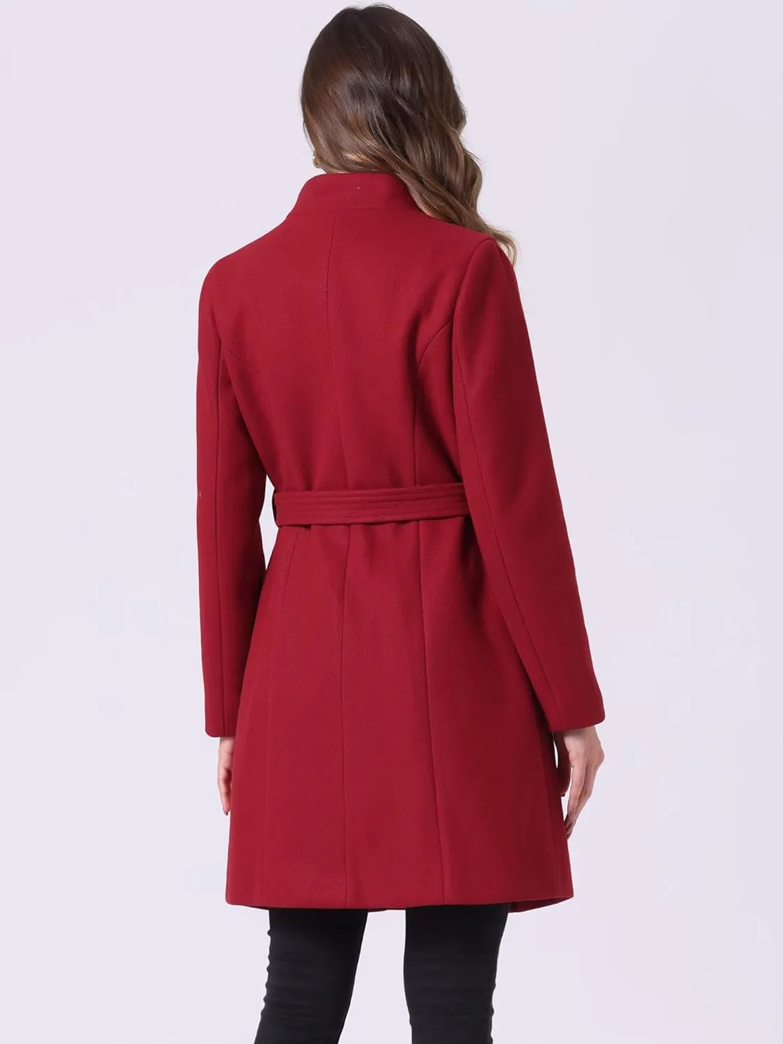 Allegra K Winter Belted Coat for Women's Stand Collar Buttoned Outwear Mid-Long Work Overcoat