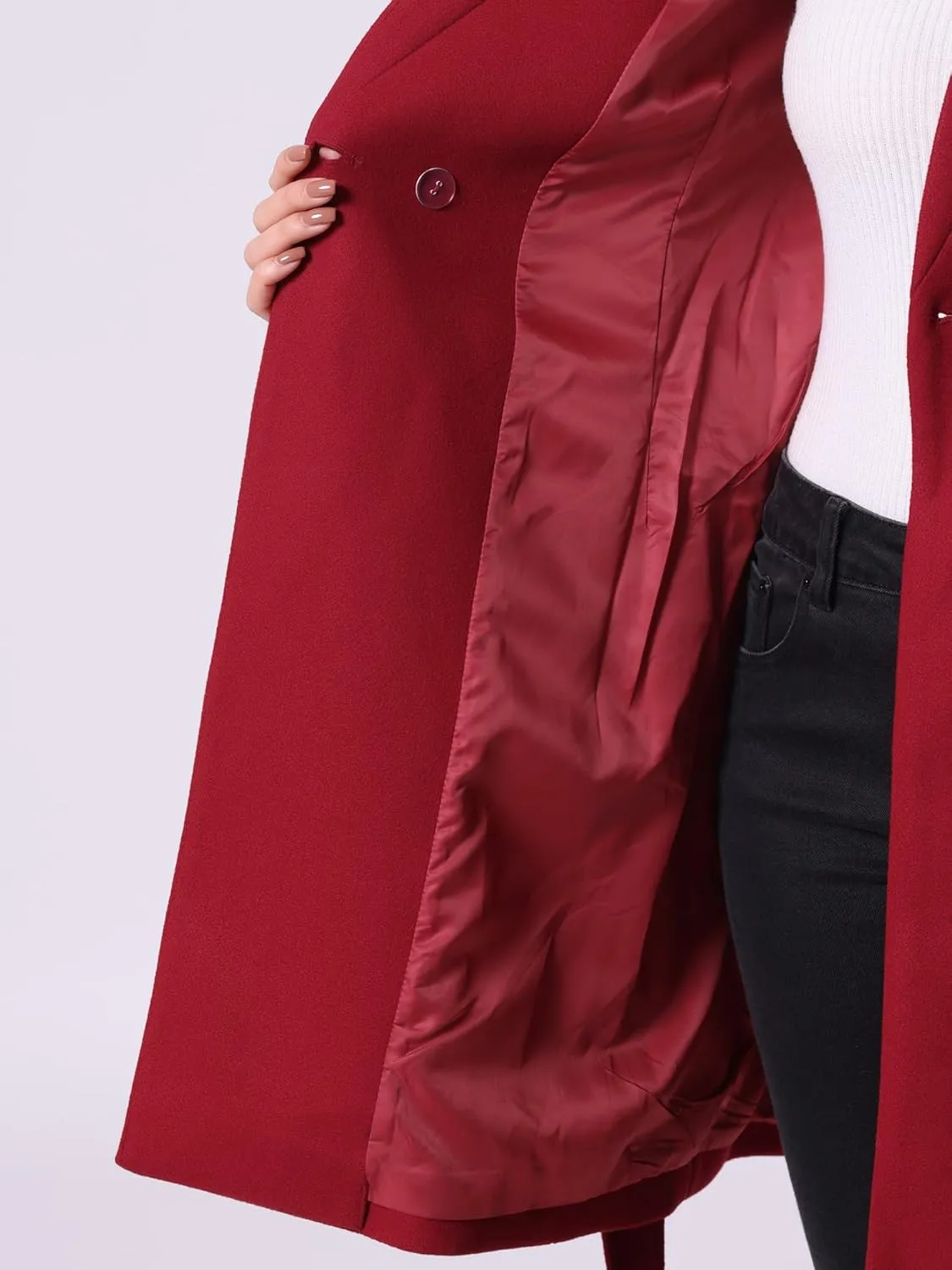 Allegra K Winter Belted Coat for Women's Stand Collar Buttoned Outwear Mid-Long Work Overcoat