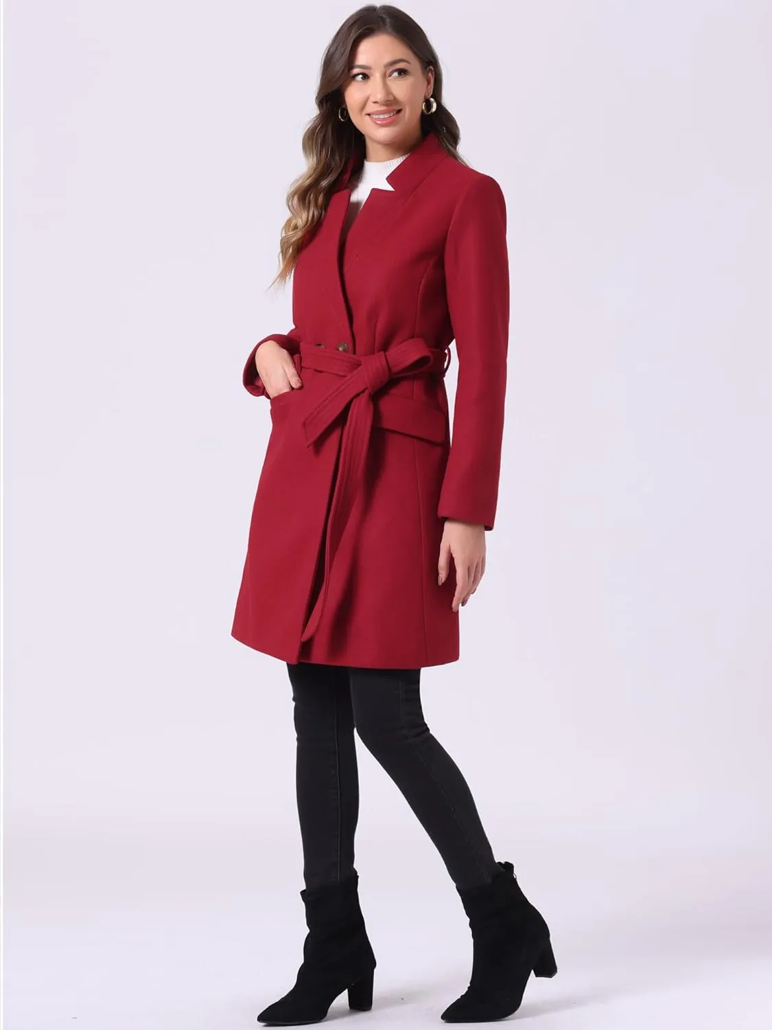 Allegra K Winter Belted Coat for Women's Stand Collar Buttoned Outwear Mid-Long Work Overcoat