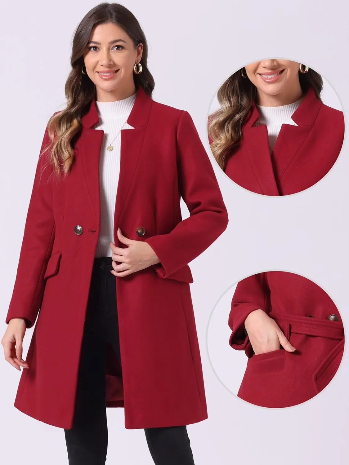 Allegra K Winter Belted Coat for Women's Stand Collar Buttoned Outwear Mid-Long Work Overcoat