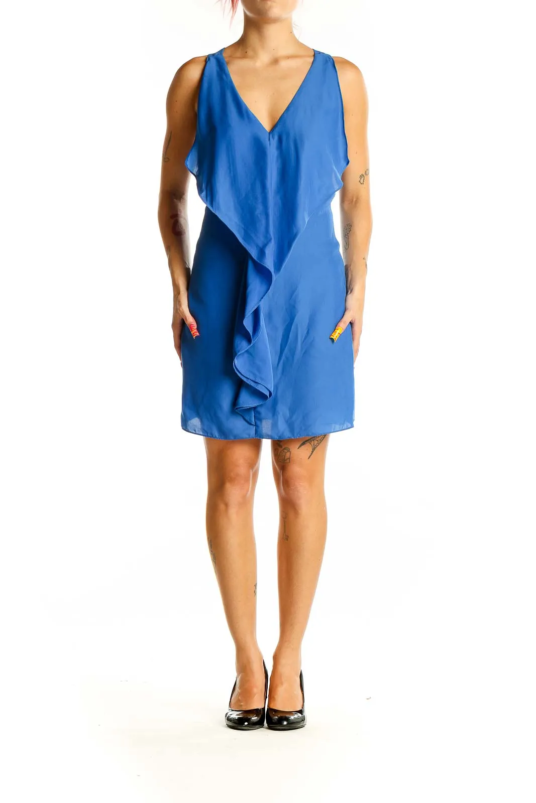 Blue Ruffled V-Neck Sleeveless Mini Dress