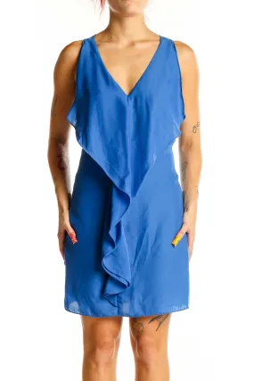 Blue Ruffled V-Neck Sleeveless Mini Dress
