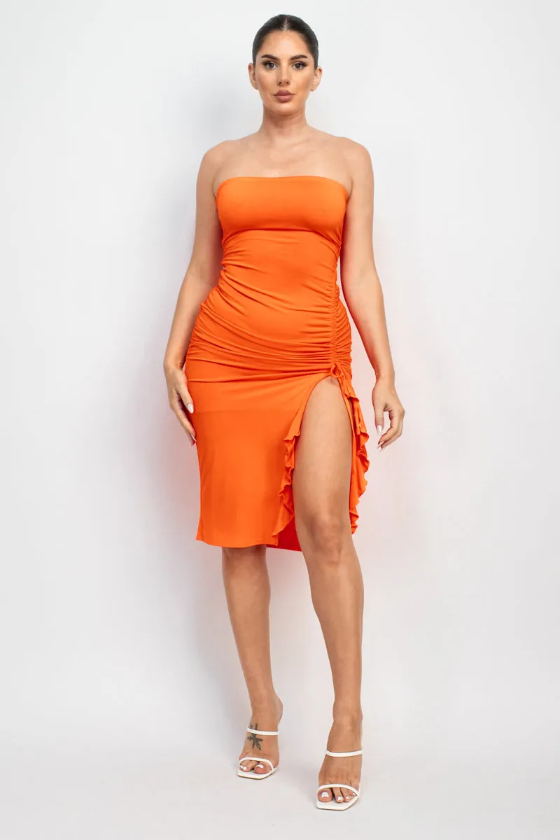 Classic Simple Solid Strapless Elegant Ruffled Tube Slit Dress