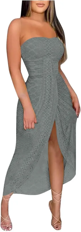 Eyelet Dresses for Women 2025 Summer Sexy Off Shoulder High Waist Split Wrap Midi Dress Clubwear Cocktail Dress