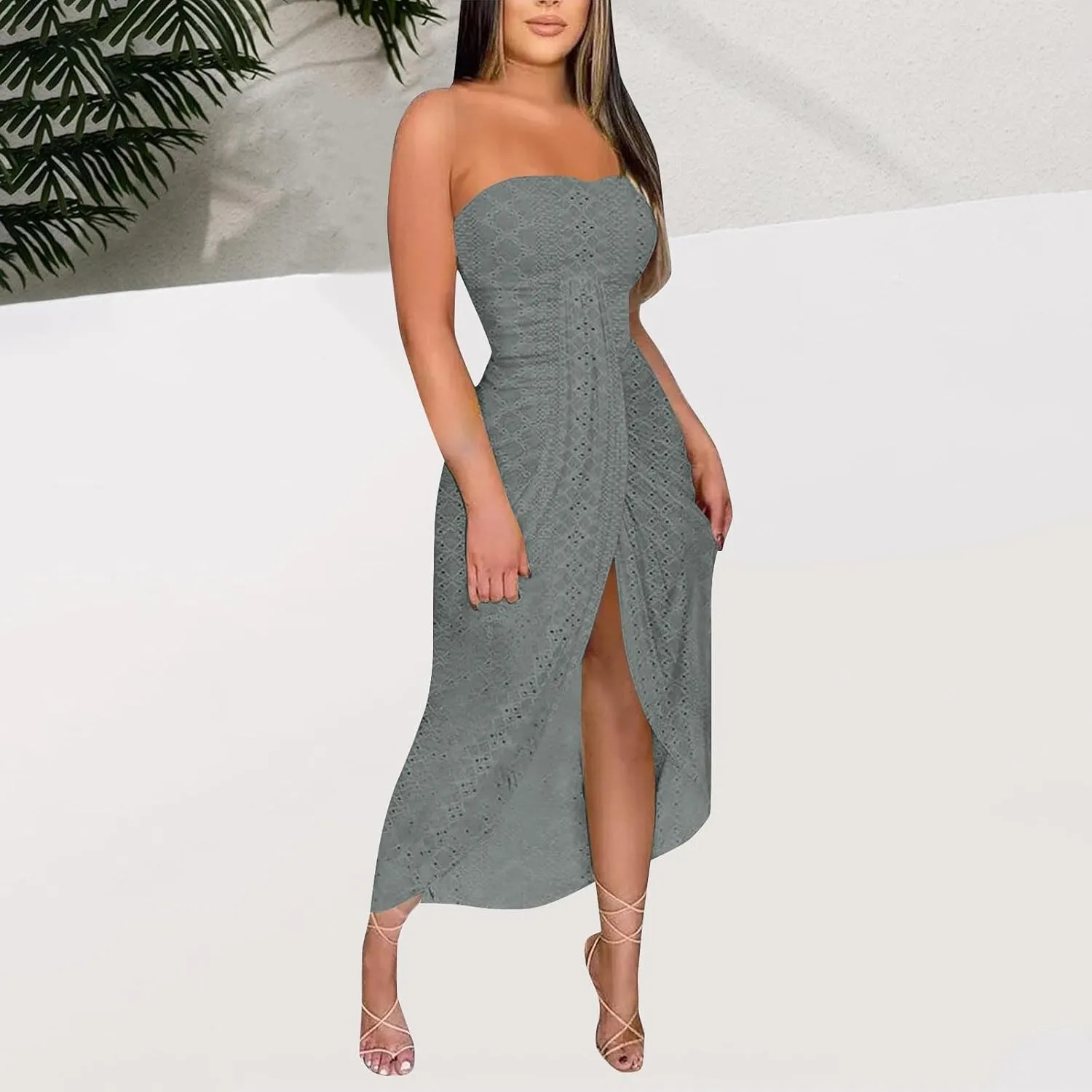 Eyelet Dresses for Women 2025 Summer Sexy Off Shoulder High Waist Split Wrap Midi Dress Clubwear Cocktail Dress