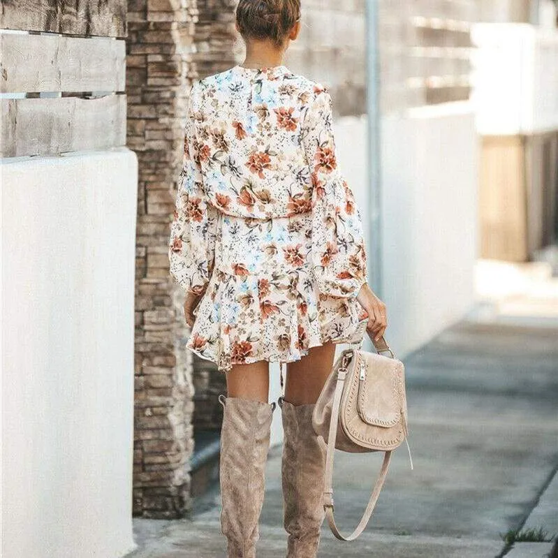 FashionSierra - Frill Ruffle Boho Dress Floral Print Mini Dresses V-Neck Long Sleeve Beach dress 2019 Women's Clothing Female Vestidos