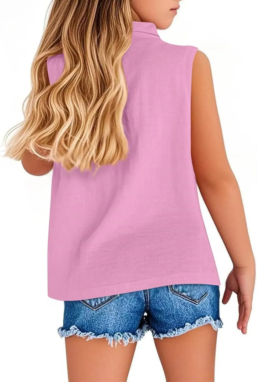 Girls Cotton Linen Shirt Sleeveless Button Up Lapel Collar Solid Color Tank Tops Fashion Casual Boho Vacation Tshirts