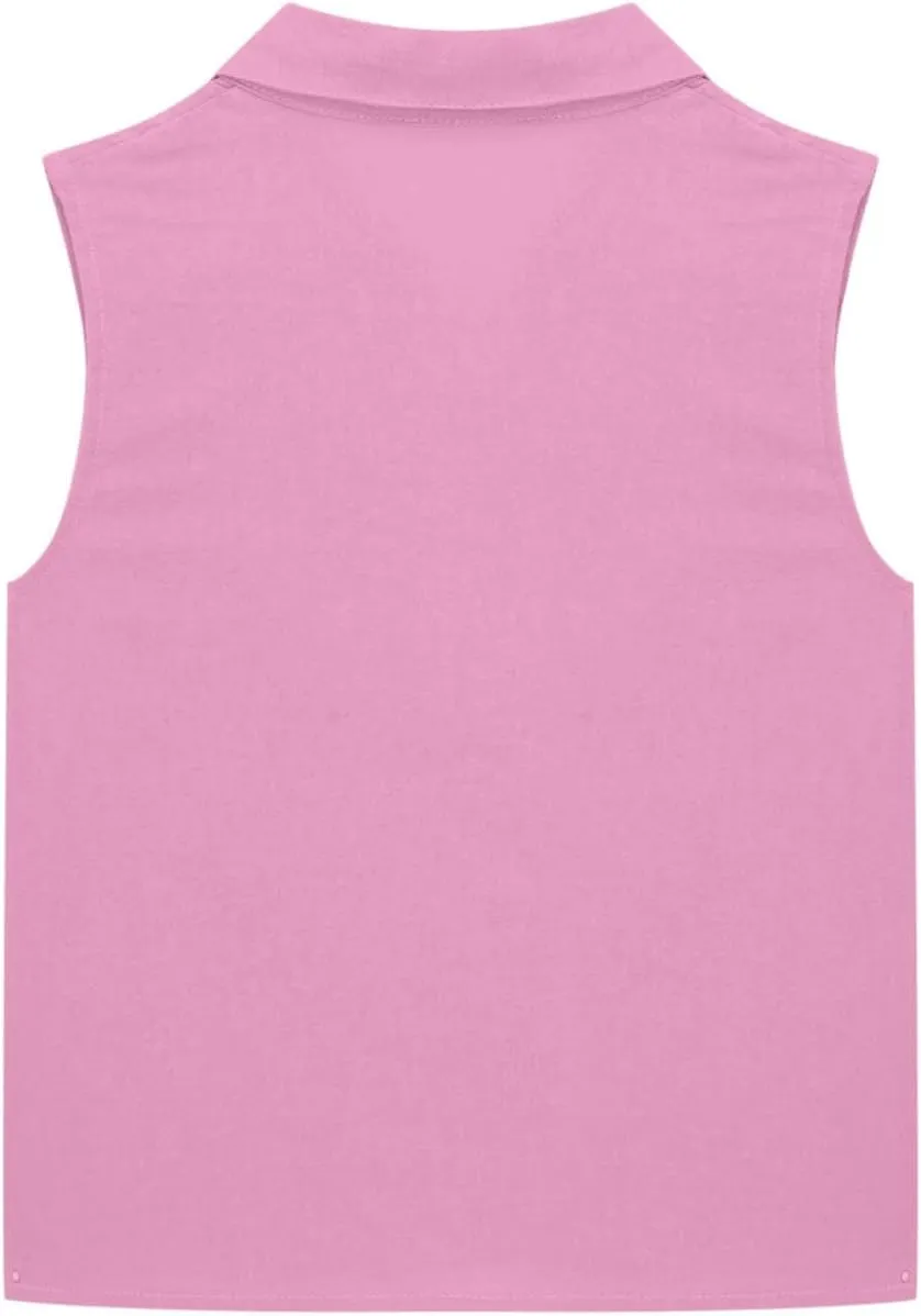 Girls Cotton Linen Shirt Sleeveless Button Up Lapel Collar Solid Color Tank Tops Fashion Casual Boho Vacation Tshirts