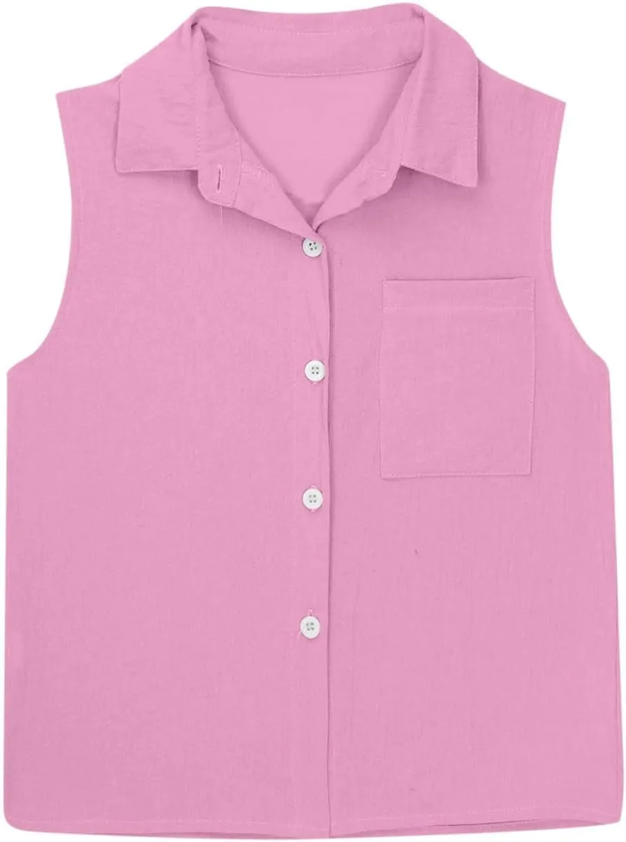 Girls Cotton Linen Shirt Sleeveless Button Up Lapel Collar Solid Color Tank Tops Fashion Casual Boho Vacation Tshirts