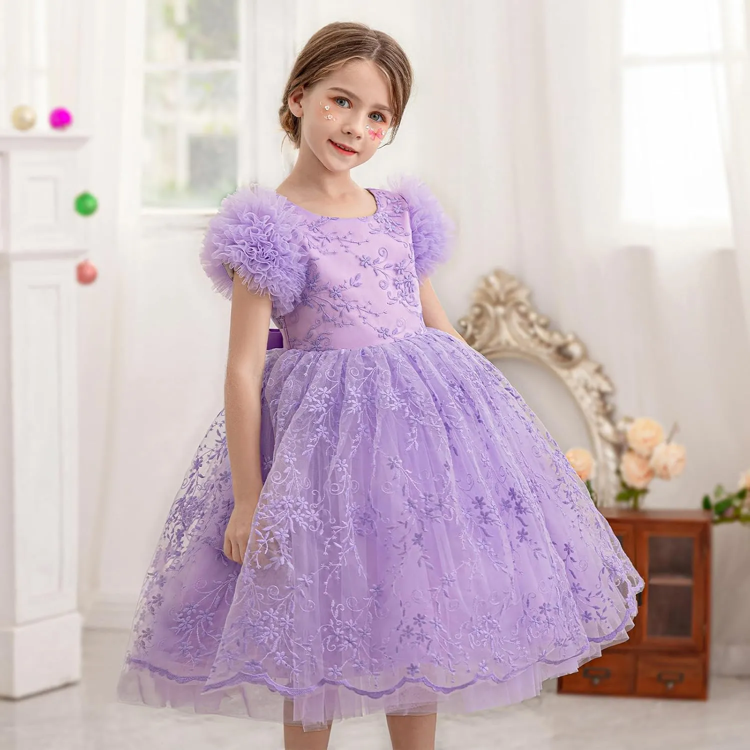 Girls Ruffled Cake Sleeve Lace Dress Fancy Tulle Pageant Homecoming Party Dresses