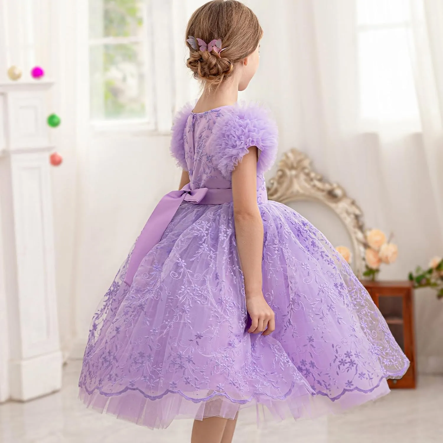 Girls Ruffled Cake Sleeve Lace Dress Fancy Tulle Pageant Homecoming Party Dresses