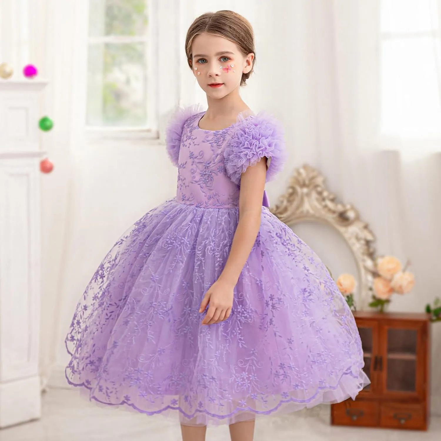 Girls Ruffled Cake Sleeve Lace Dress Fancy Tulle Pageant Homecoming Party Dresses