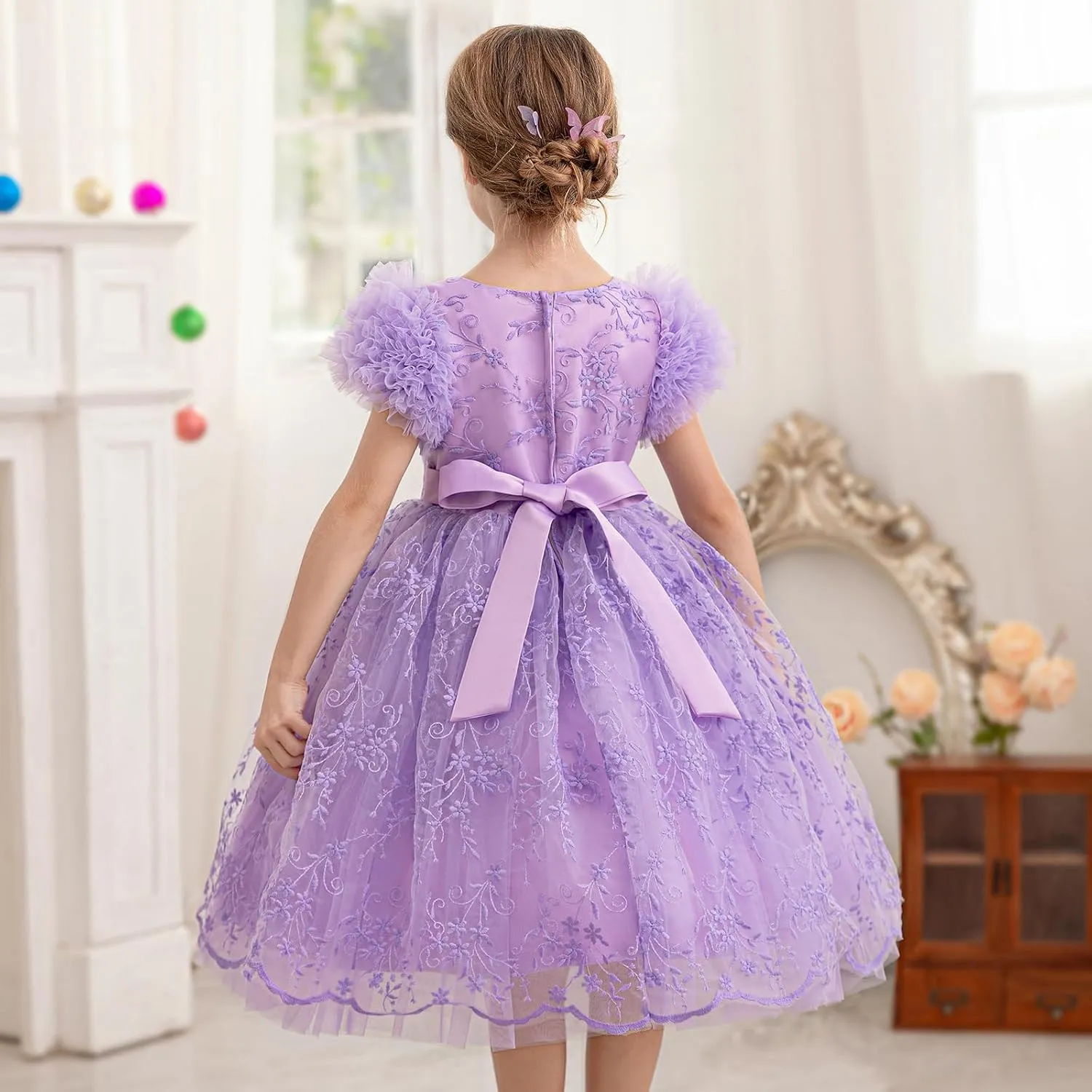 Girls Ruffled Cake Sleeve Lace Dress Fancy Tulle Pageant Homecoming Party Dresses