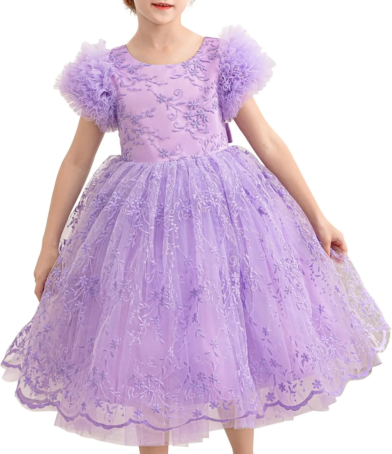 Girls Ruffled Cake Sleeve Lace Dress Fancy Tulle Pageant Homecoming Party Dresses