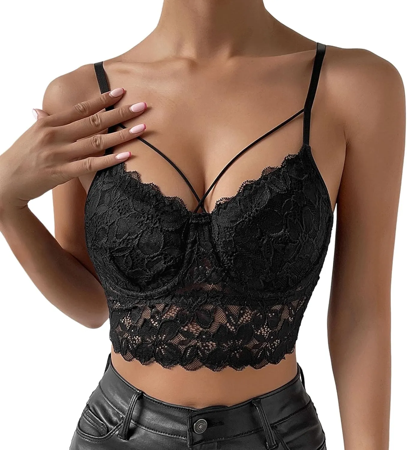 Lace Bralettes for Women Sexy V Neck Push Up Bra Adjustable Straps Underwire Longline Bra Crop Tops Outfits