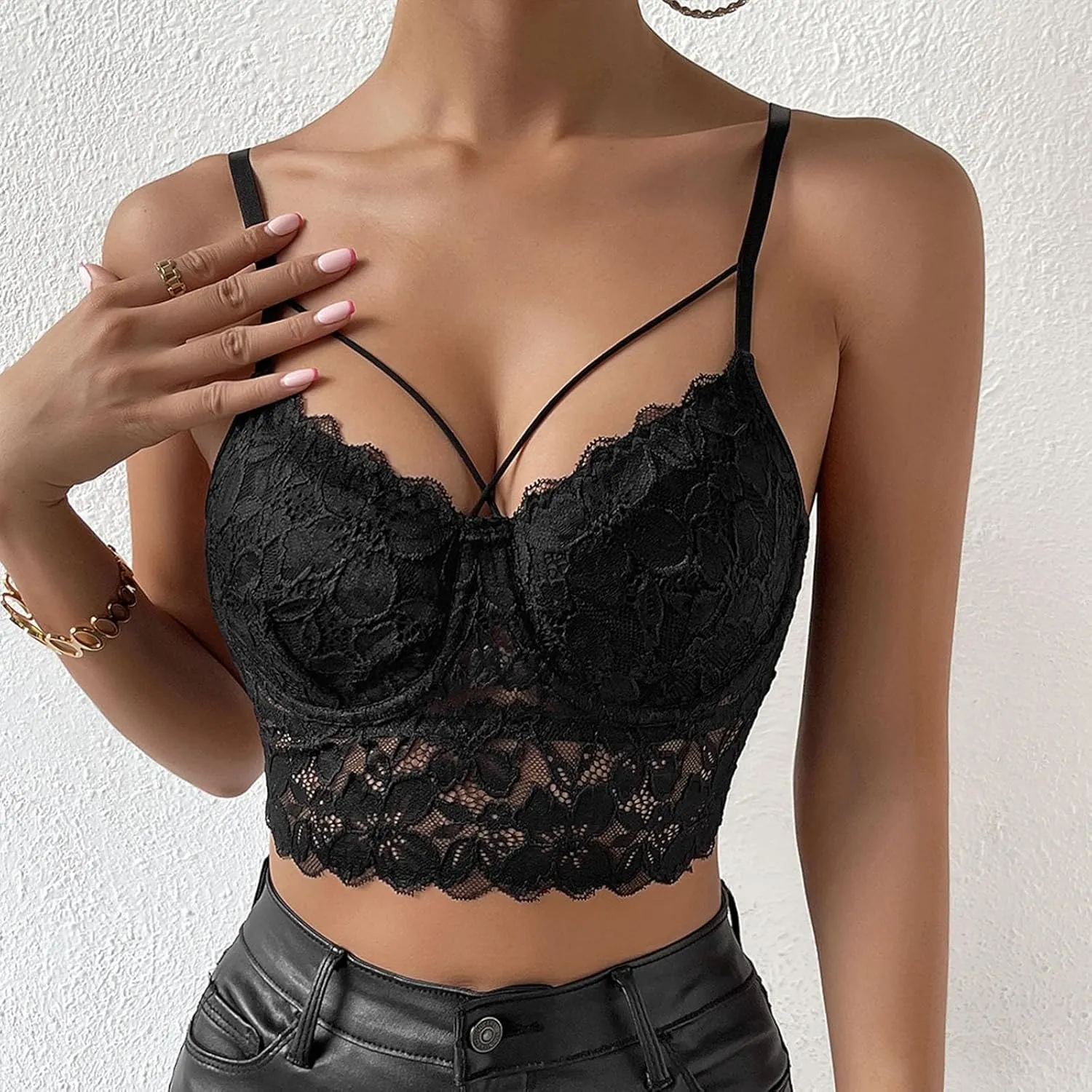 Lace Bralettes for Women Sexy V Neck Push Up Bra Adjustable Straps Underwire Longline Bra Crop Tops Outfits