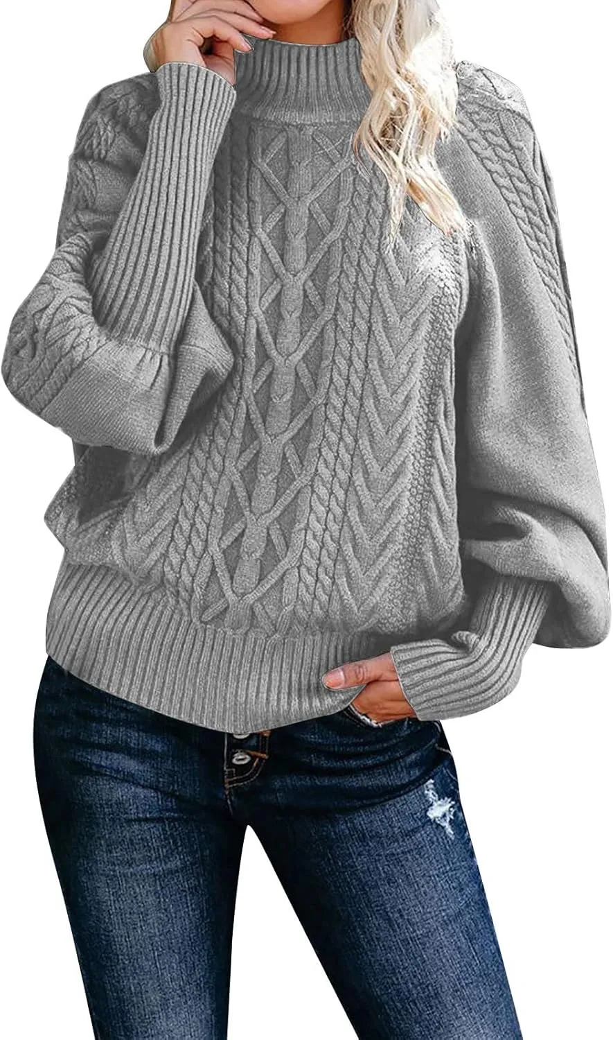 Ladies Mid Neck Sweater Loose Long Sleeve Knit Solid Color Sweater Pullover Top Chunky Sweaters Pullover