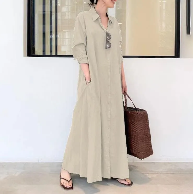 Long Shirt Dress for Women Casual Floral Printed Button Maxi Dress Long Sleeve V Neck Contton Linen Blouse Dresses
