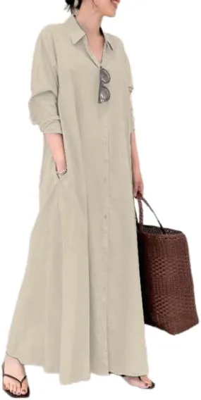 Long Shirt Dress for Women Casual Floral Printed Button Maxi Dress Long Sleeve V Neck Contton Linen Blouse Dresses