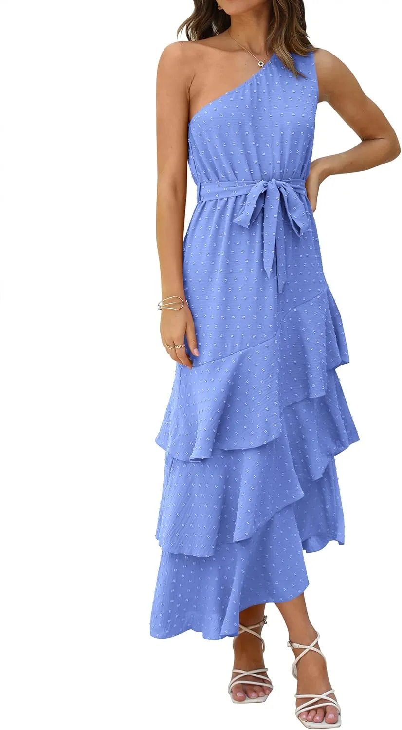 PRETTYGARDEN Women's Summer Floral Sundress Casual One Shoulder Tiered Ruffle Flowy Midi Beach Boho Dresses