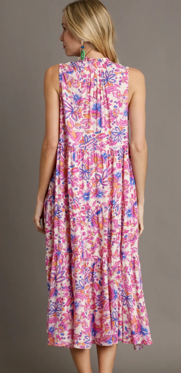 Sleeveless V-Neck Tiered Floral Print Midi Dress - Magenta