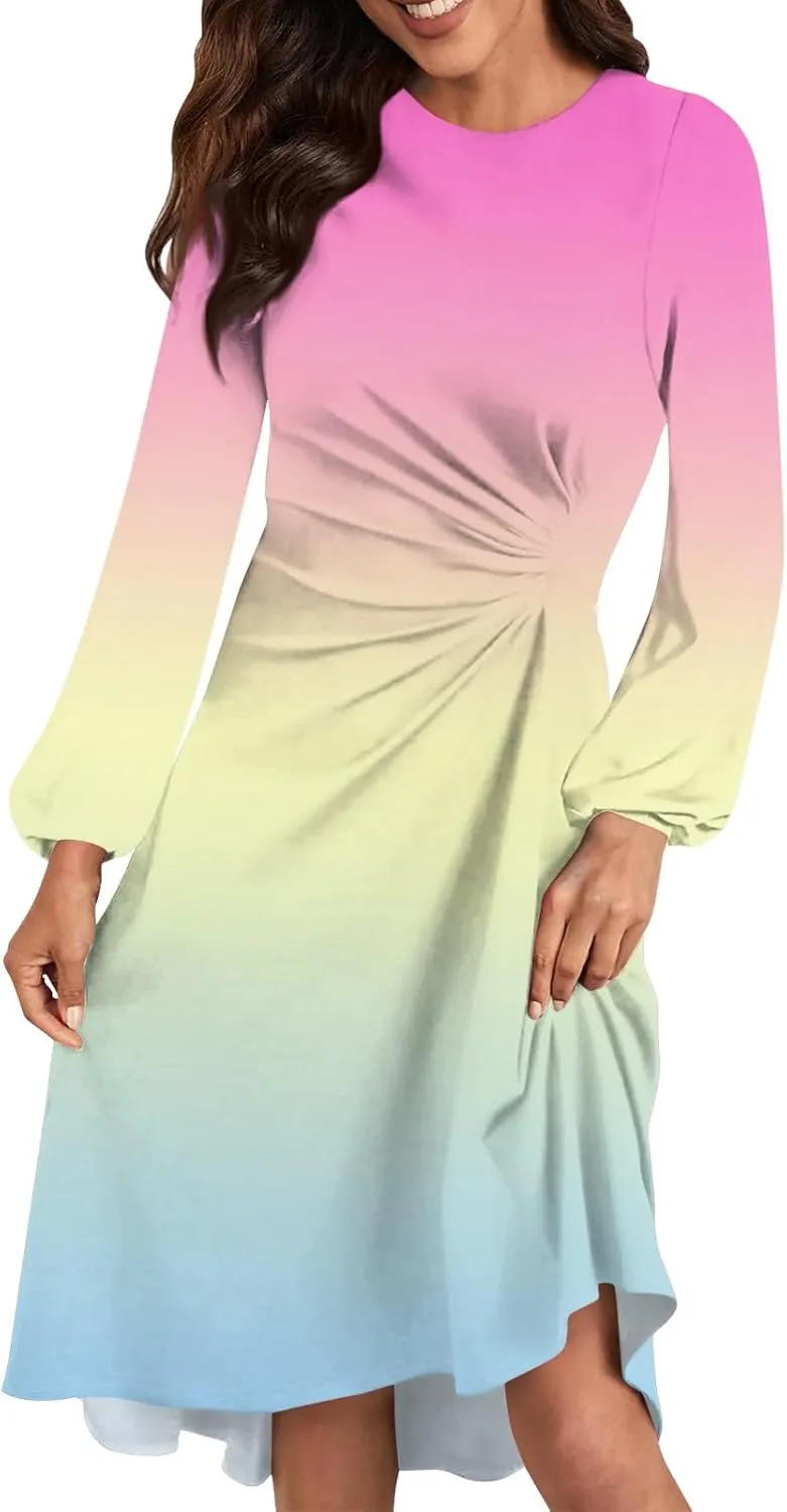 Spring Dresses for Women 2025 O Neck Midi Long Sleeve Trendy Cute Teens Summer Swing Fitted Dress