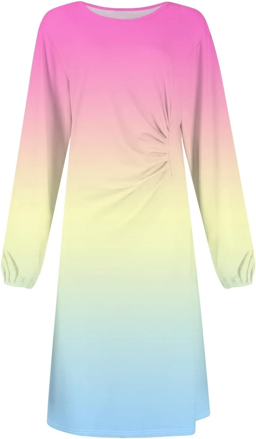 Spring Dresses for Women 2025 O Neck Midi Long Sleeve Trendy Cute Teens Summer Swing Fitted Dress