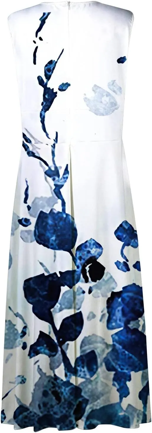 Sundresses for Women 2025 Casual High Waist V Neck Sleeveless Summer Dresses Trendy Floral Pleated Maxi Dresses