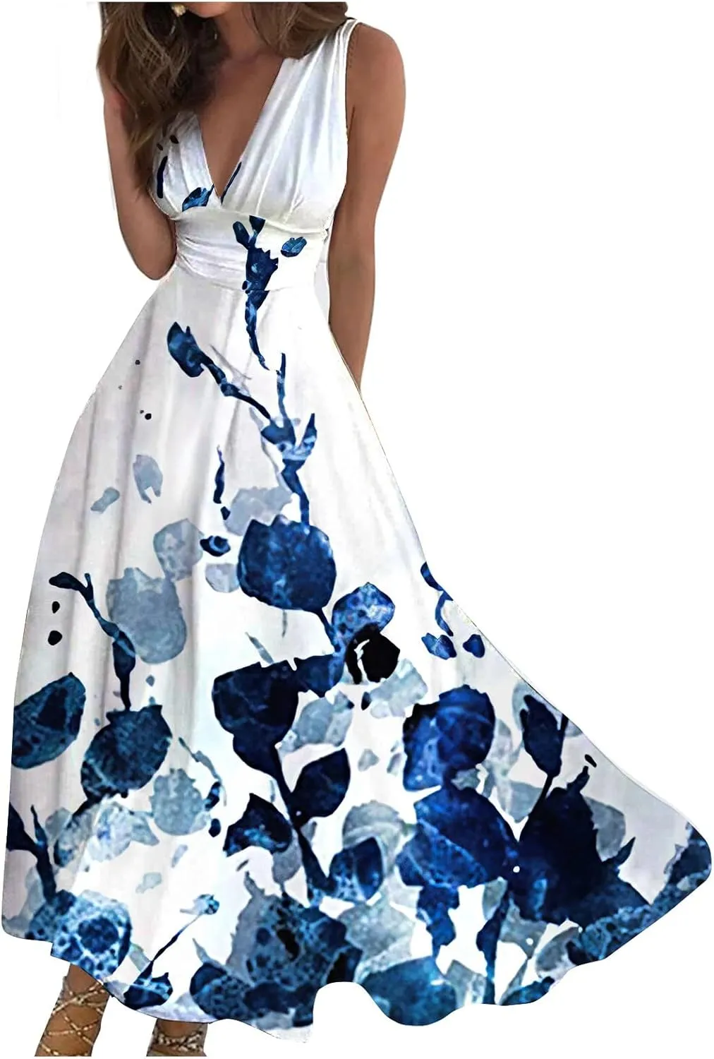 Sundresses for Women 2025 Casual High Waist V Neck Sleeveless Summer Dresses Trendy Floral Pleated Maxi Dresses