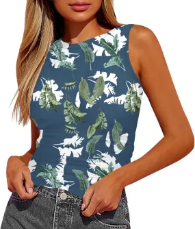 Tank Tops for Women 2025 Summer Slim Crew Neck Sleeveless Camisole Floral Hawaiian Beach Outfit