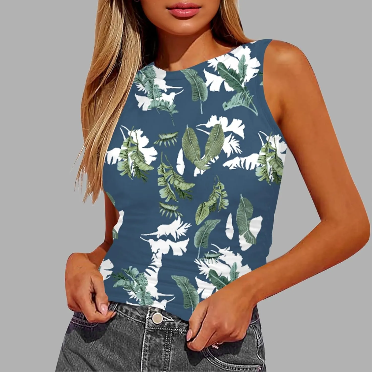 Tank Tops for Women 2025 Summer Slim Crew Neck Sleeveless Camisole Floral Hawaiian Beach Outfit