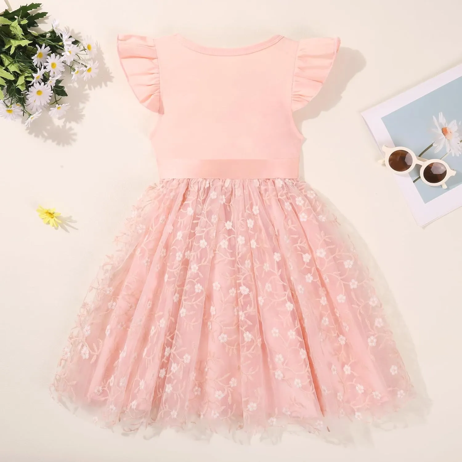 Toddler Baby Girls Tutu Tulle Dress Ruffled Sleeve Print Mesh Party Princess Dresses Summer Clothes 2-7T