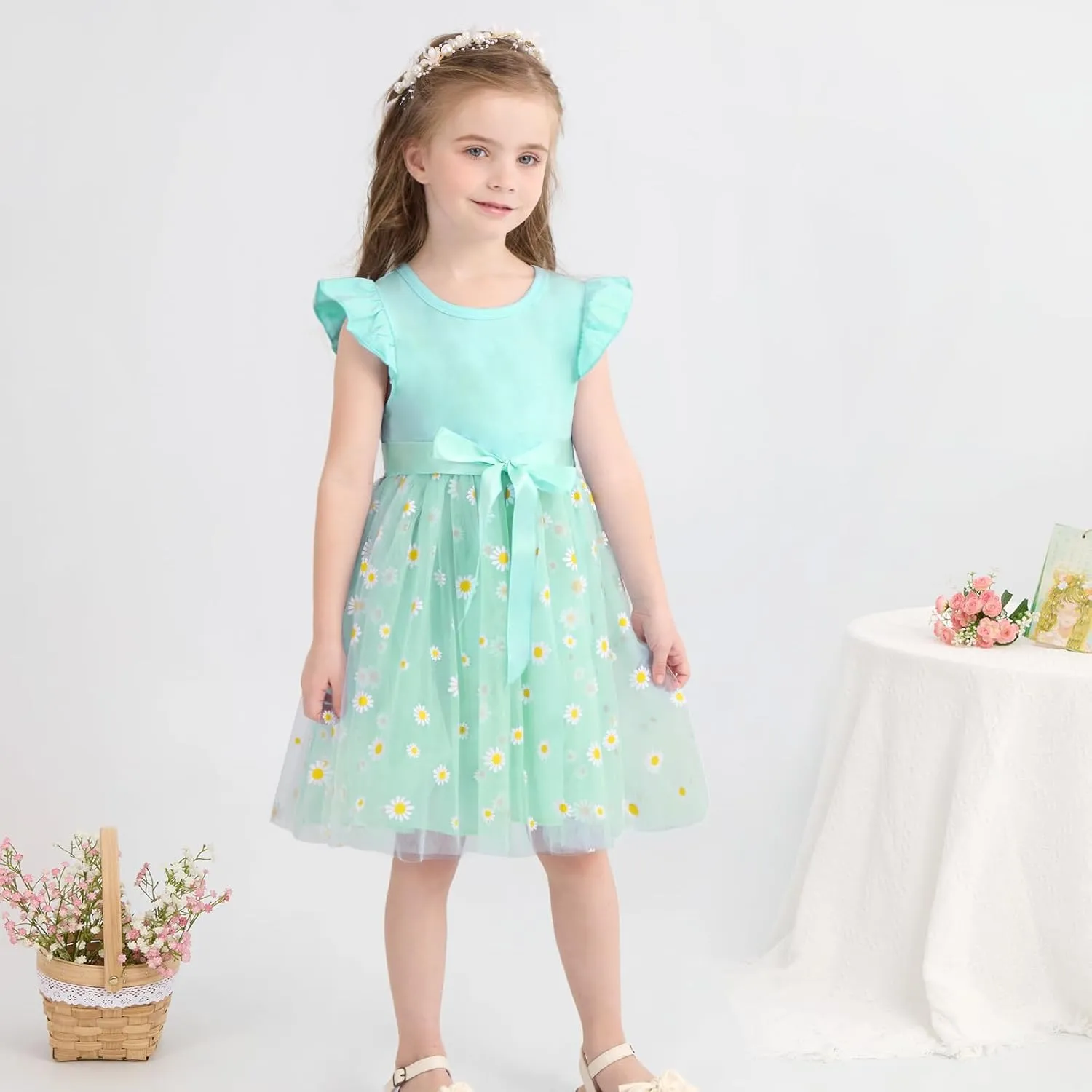 Toddler Baby Girls Tutu Tulle Dress Ruffled Sleeve Print Mesh Party Princess Dresses Summer Clothes 2-7T