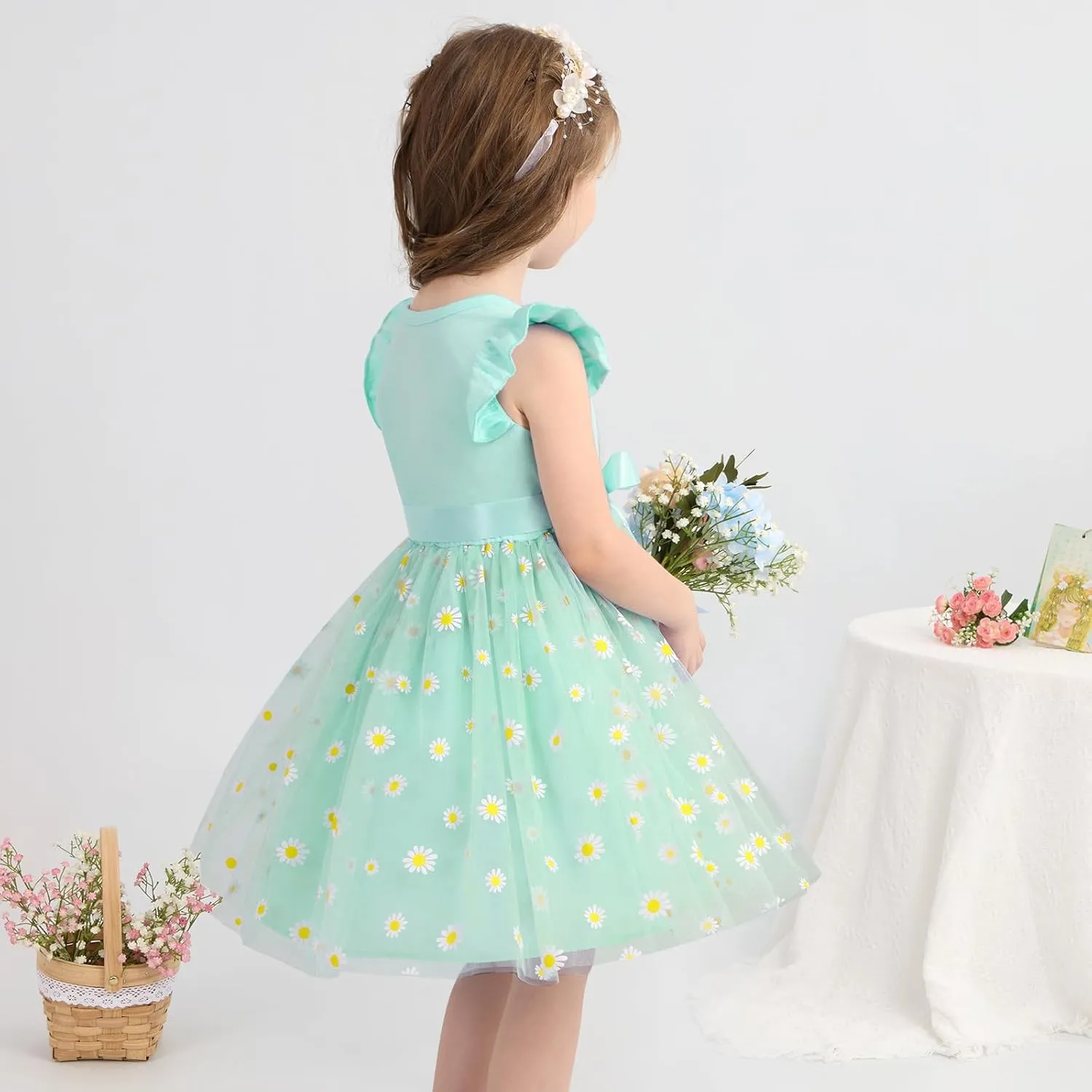 Toddler Baby Girls Tutu Tulle Dress Ruffled Sleeve Print Mesh Party Princess Dresses Summer Clothes 2-7T