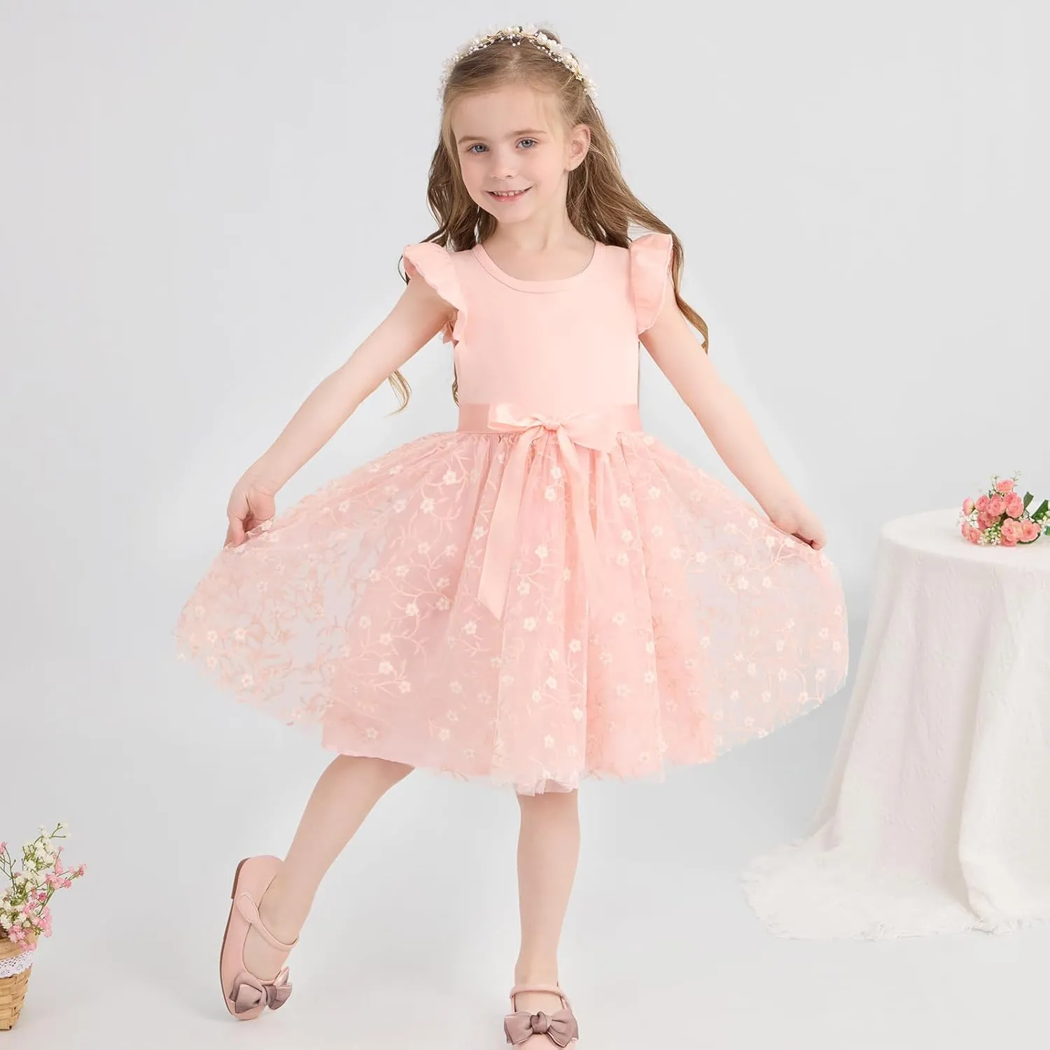 Toddler Baby Girls Tutu Tulle Dress Ruffled Sleeve Print Mesh Party Princess Dresses Summer Clothes 2-7T