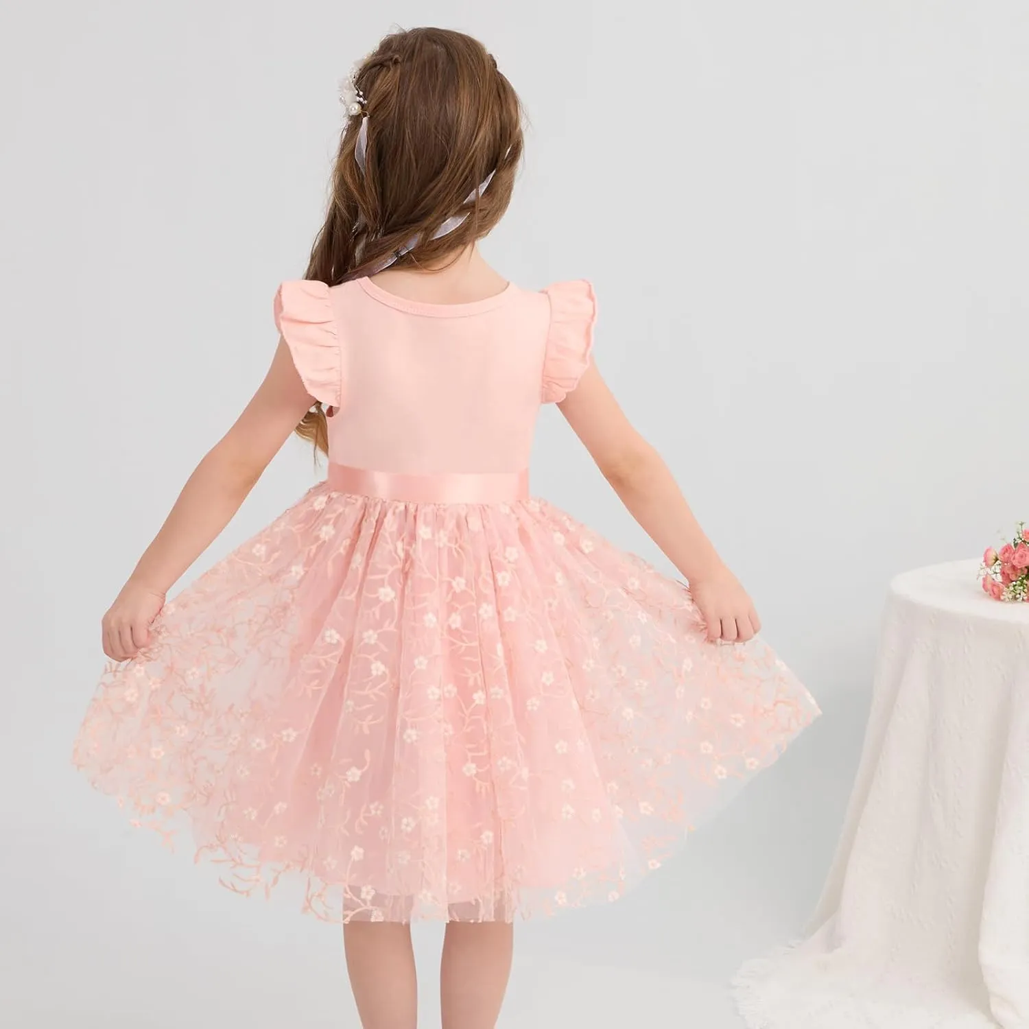 Toddler Baby Girls Tutu Tulle Dress Ruffled Sleeve Print Mesh Party Princess Dresses Summer Clothes 2-7T