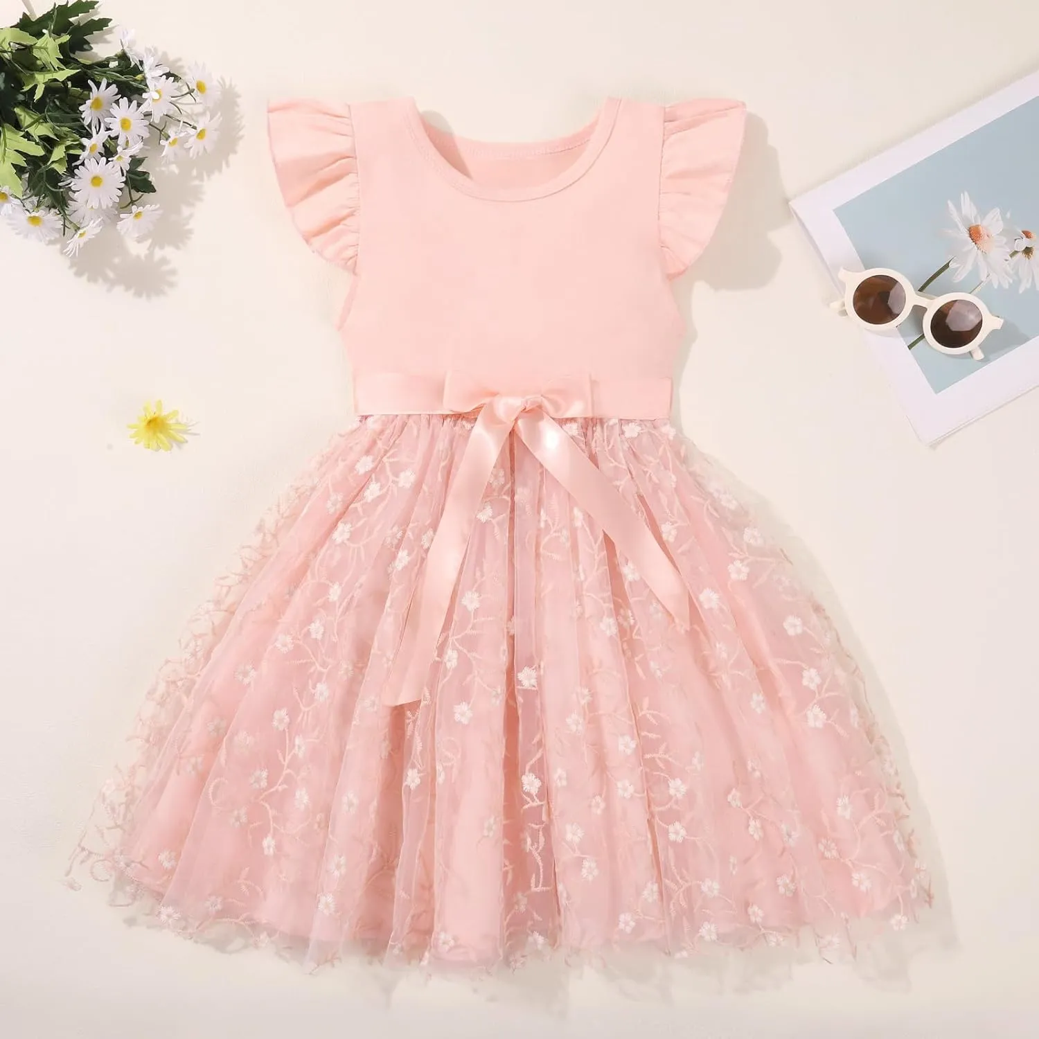 Toddler Baby Girls Tutu Tulle Dress Ruffled Sleeve Print Mesh Party Princess Dresses Summer Clothes 2-7T