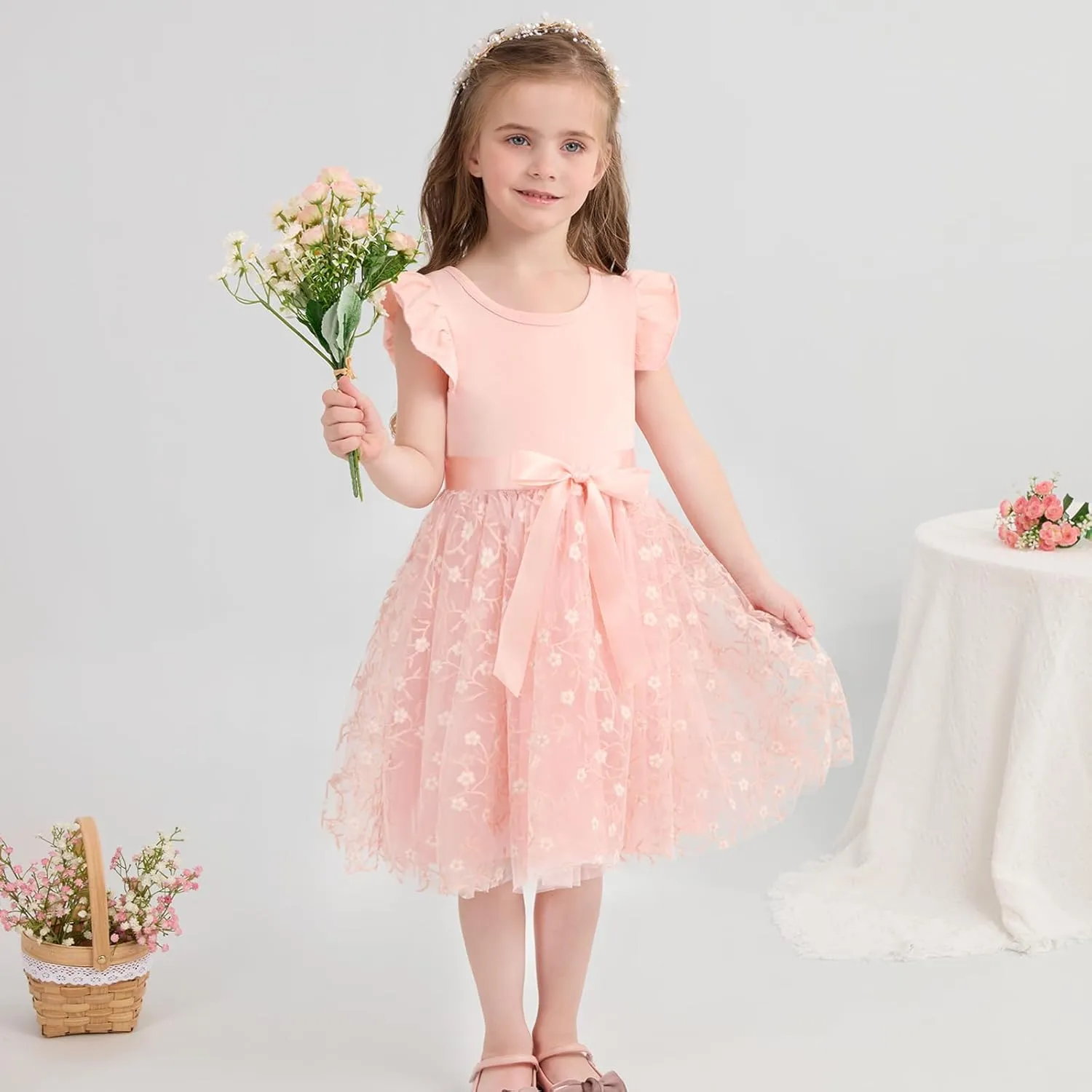 Toddler Baby Girls Tutu Tulle Dress Ruffled Sleeve Print Mesh Party Princess Dresses Summer Clothes 2-7T
