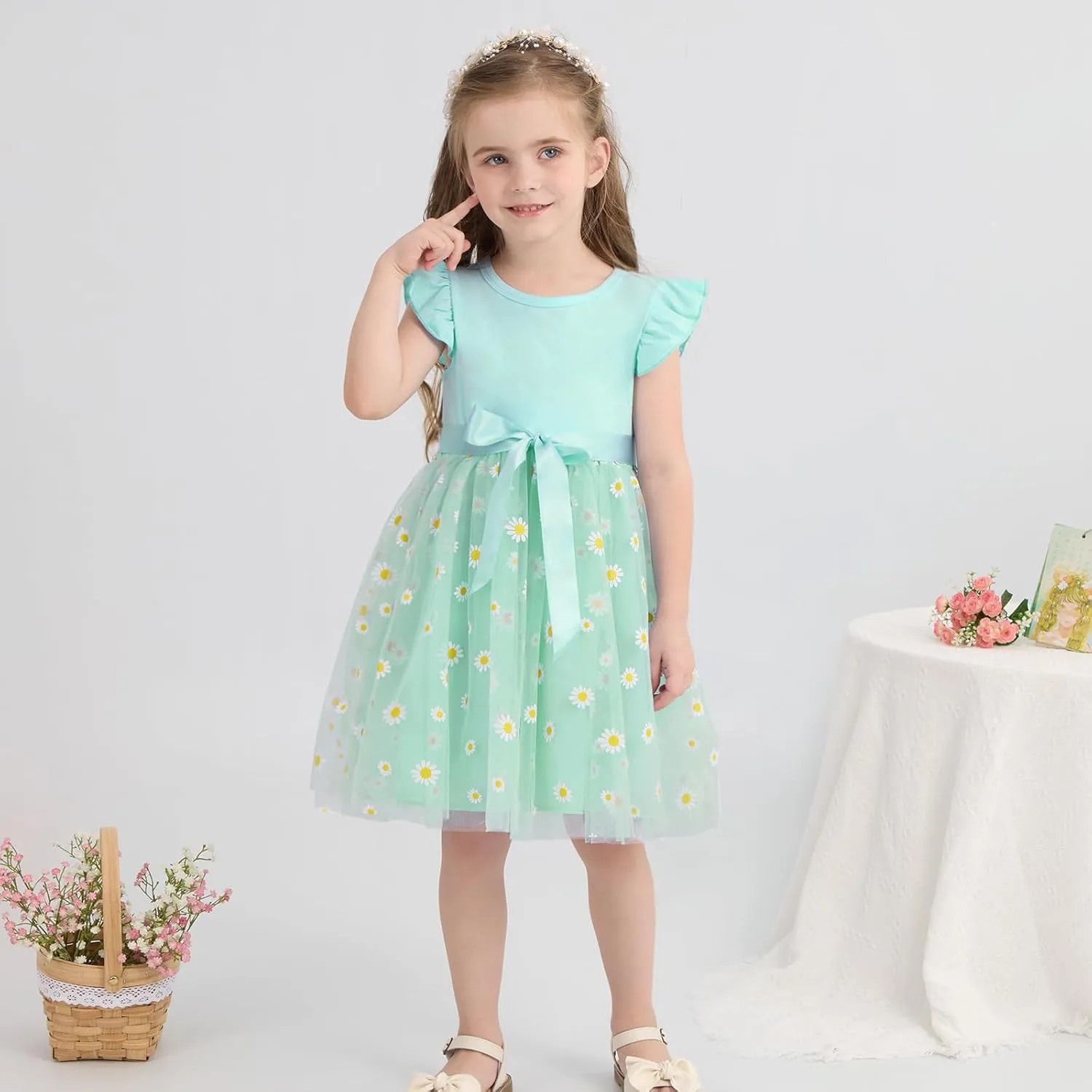 Toddler Baby Girls Tutu Tulle Dress Ruffled Sleeve Print Mesh Party Princess Dresses Summer Clothes 2-7T