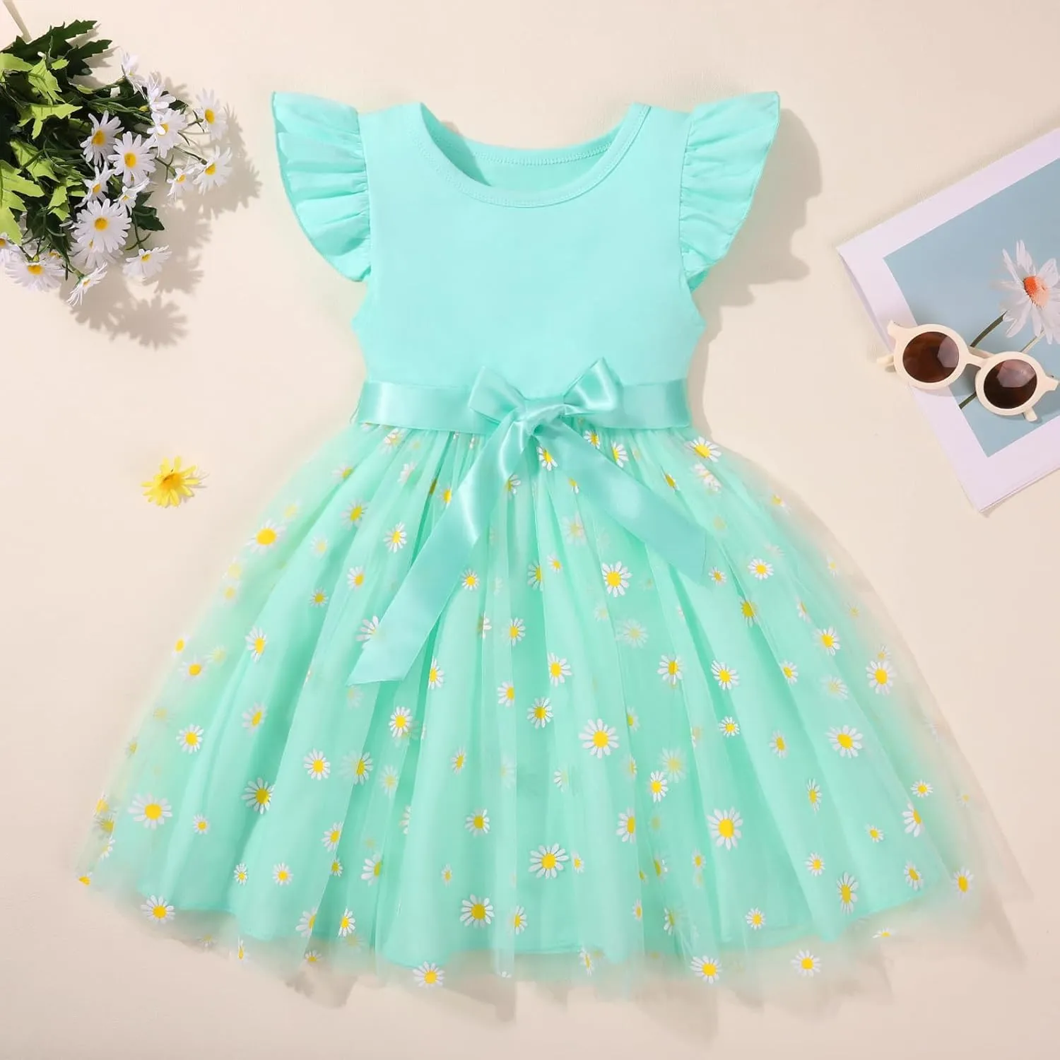 Toddler Baby Girls Tutu Tulle Dress Ruffled Sleeve Print Mesh Party Princess Dresses Summer Clothes 2-7T